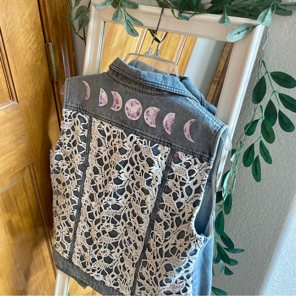Hand painted denim vest with lace and moons